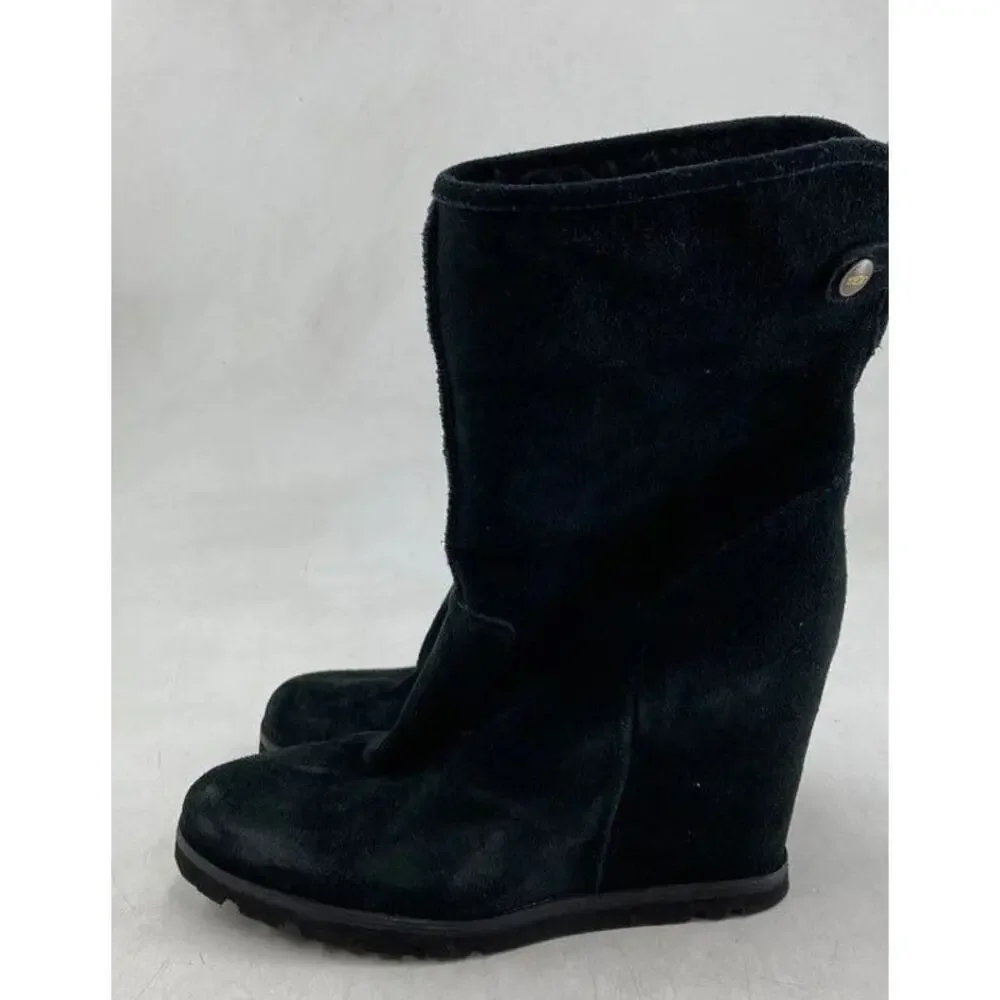 UGG KYRA Black Suede Hidden Wedge Boots Womens Size 7 Pull On Button